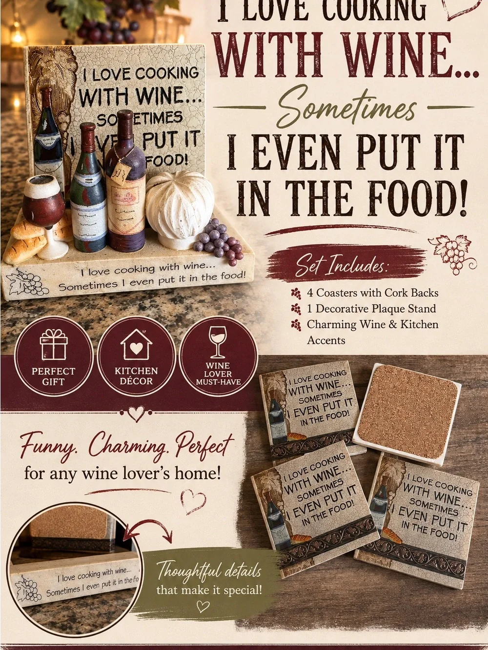 Wine-Themed Coaster & Plaque Set - Brown